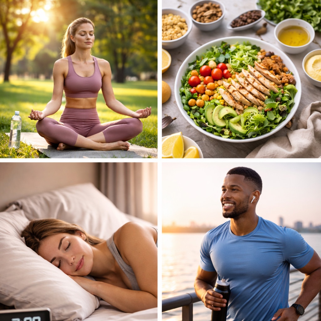 Pessoa praticando autocuidado através da meditação em um ambiente tranquilo.