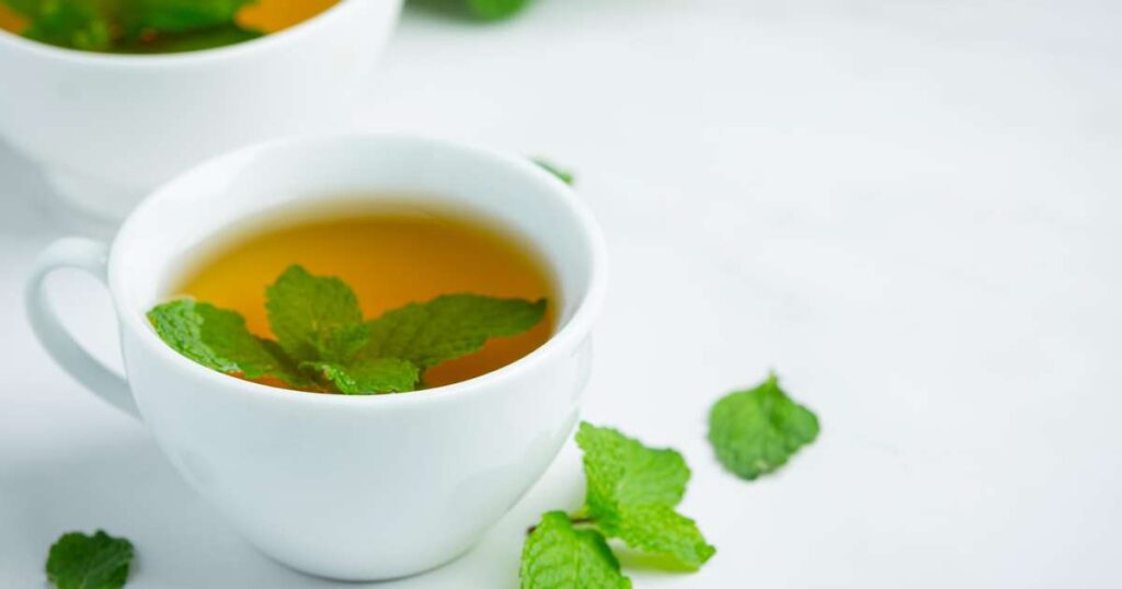 Xícara de chá de hortelã quente com folhas frescas ao lado
