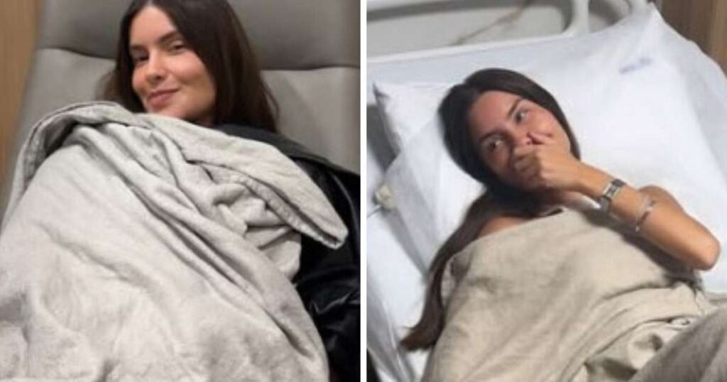 Thaís Braz internada em poltrona de hospital, refletindo sobre a importância de beber água