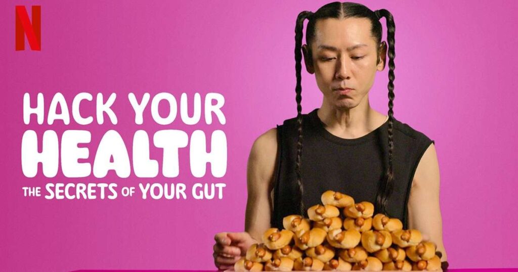 Ilustração representando a conexão entre saúde intestinal e emoções, com elementos visuais de intestinos, cérebro e alimentos saudáveis.