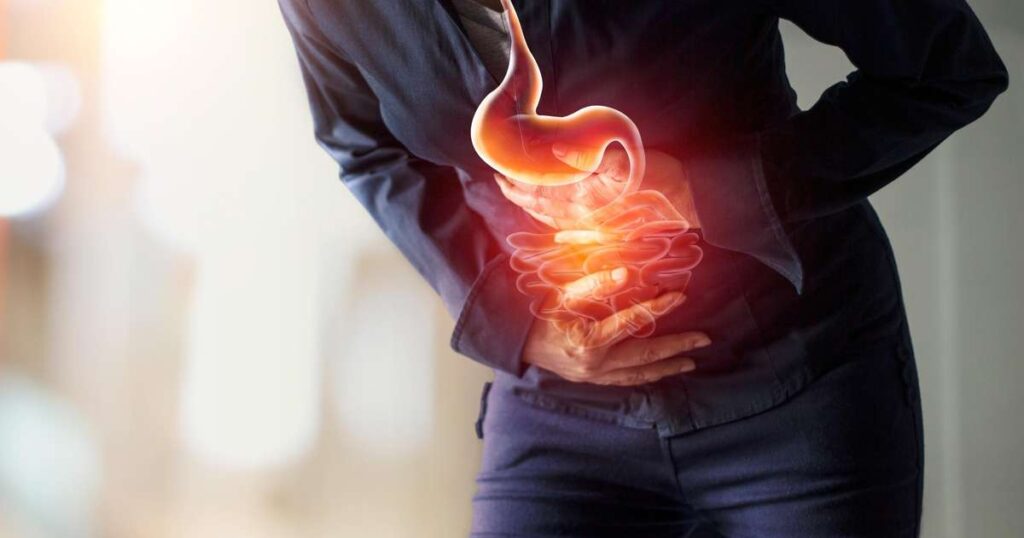 Ilustração sobre a flatulência e saúde intestinal, mostrando alimentos que contribuem para a produção de gases.