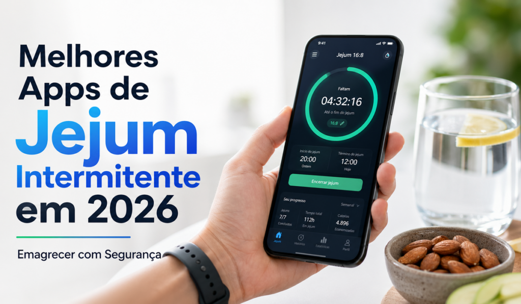 Tela de aplicativos de jejum intermitente em smartphone mostrando timer de jejum
