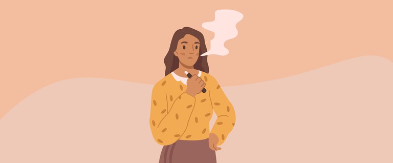 Imagem de uma pessoa segurando um cigarro eletrônico com uma expressão pensativa, simbolizando a luta para parar de fumar.