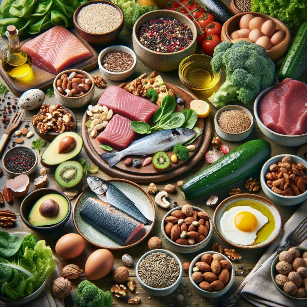 Prato colorido com alimentos da dieta low carb, incluindo carnes magras, vegetais e gorduras saudáveis.