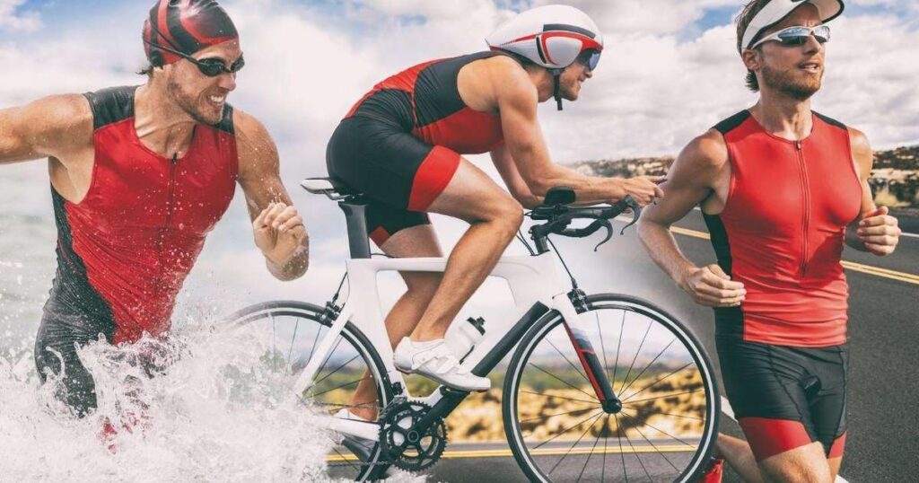 Atleta cruzando a linha de chegada de um IRONMAN exausto, simbolizando os desafios e impactos físicos da prova