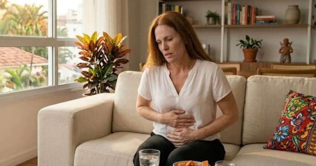Pessoa segurando o abdômen, representando desconforto e constipação intestinal