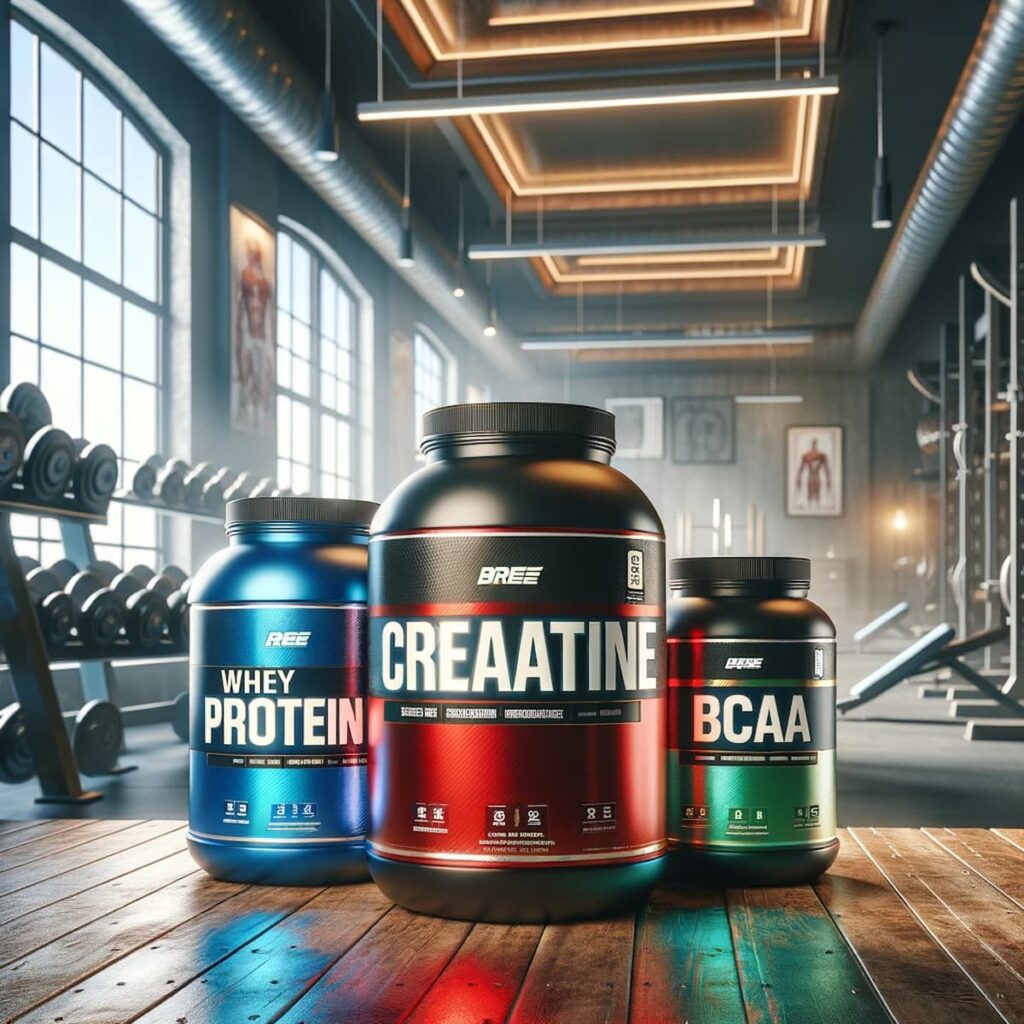Imagem de suplementos para ganhar massa muscular, incluindo creatina, whey protein e BCAA