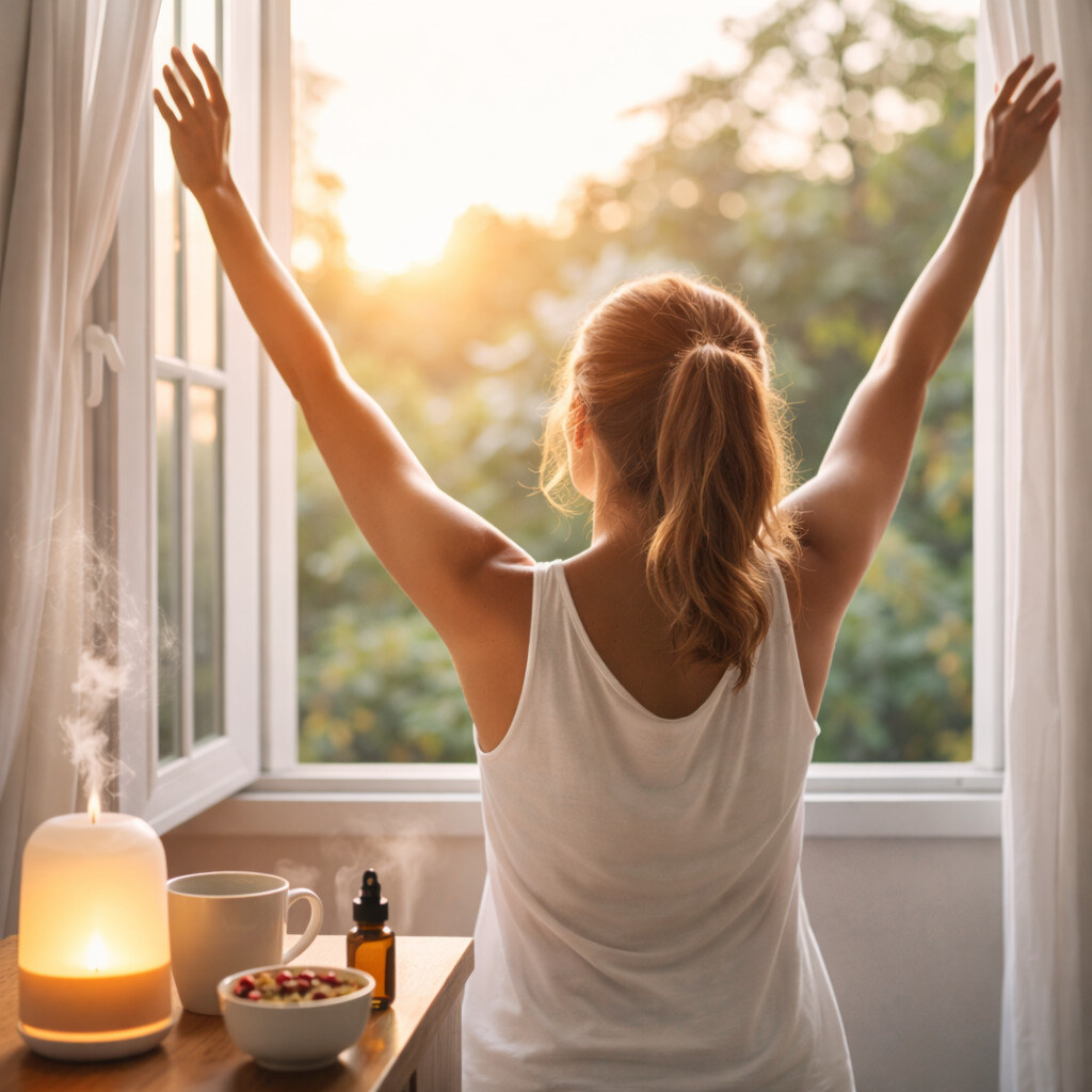 Mulher praticando yoga ao amanhecer em um ambiente natural