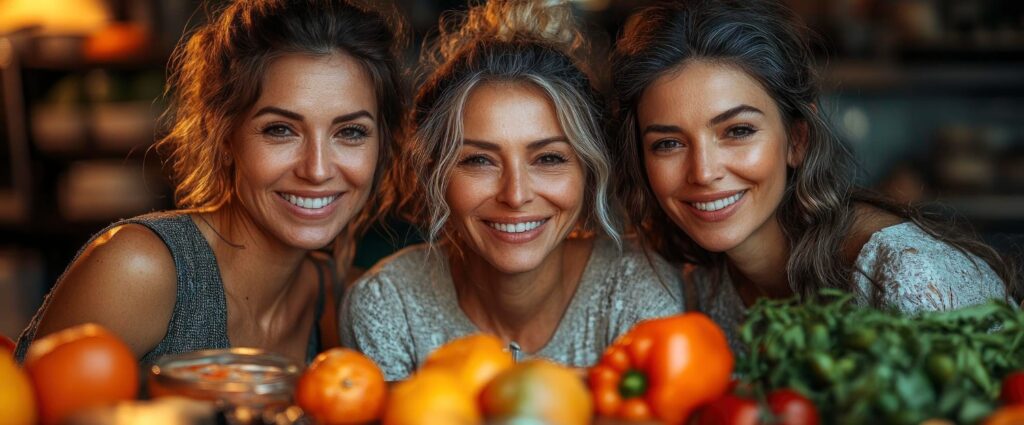 Prato colorido com alimentos saudáveis para menopausa, incluindo vegetais, proteínas e grãos.