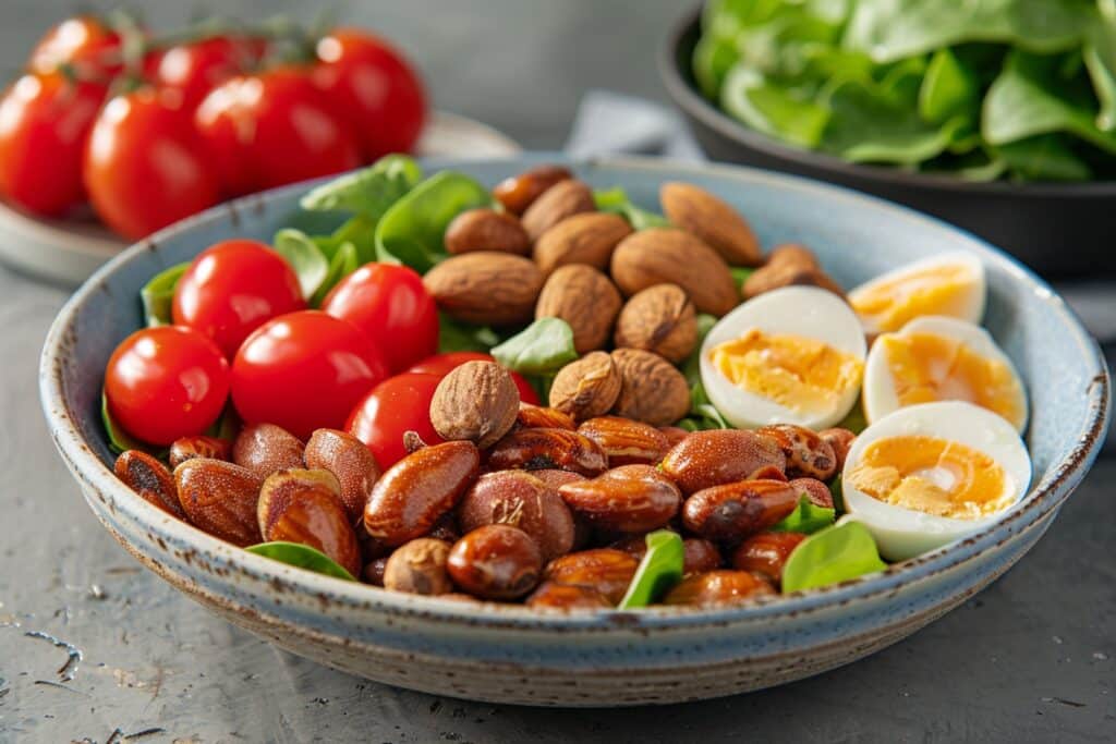 Prato colorido com alimentos que aumentam a testosterona, como ovos, peixes, sementes de abóbora e vegetais.