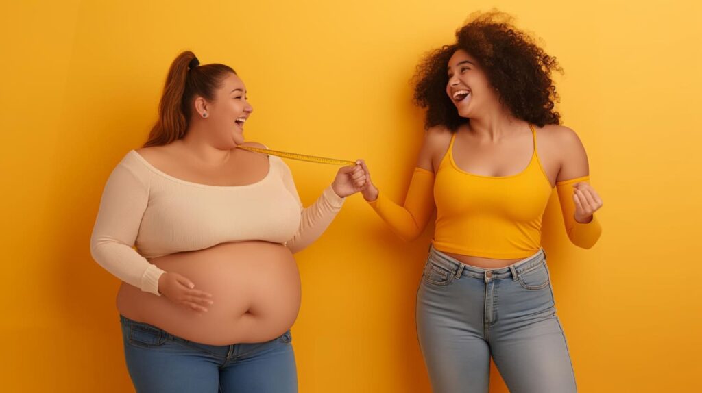 Mulher feliz medindo sua cintura após emagrecimento saudável