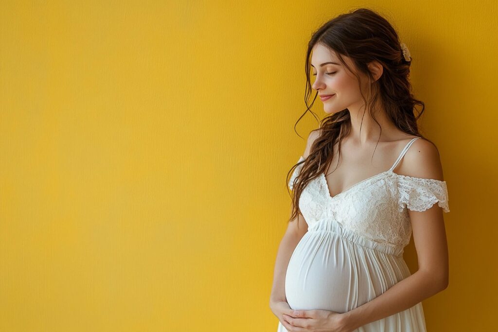 Mulher grávida segurando frascos de vitaminas
